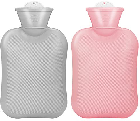 2 Stück Mini Wärmflaschen 0,5L Warmwasserbeutel zur Schmerzlinderung Bettflasche Warme Kompresse Heiße Kompressen für Körper Krämpfe Bauch Muskeln Bettwärmer Winter, Rosa und Grau