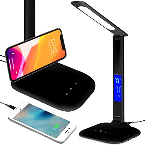 Retoo Schreibtischlampe LED mit USB Ladefunktion, Bürolampe Tischlampe mit 5 Helligkeits, Sensible Kontrolle, Nachttischlampe, 1200 Lux, 5W, Schreibtisch lampe für Büro, Lesen, Studieren Schwarz