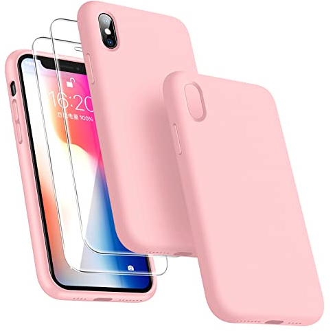 Dssairo 3-in-1-Schutzhülle für iPhone X/iPhone XS, mit 2 Displayschutzfolien, Flüssigsilikon, dünn, stoßfest, 14,7 cm (5,8 Zoll), Mikrofaser-Innenfutter, Rosa