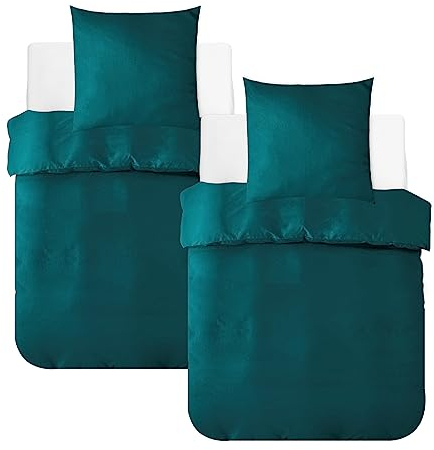 MR&HM Bettwäsche 135x200 4-teilig Baumwolle - Bettbezug-Set aus 100% Baumwolle in der Größe 135x200x2 Plus Zwei Kissenbezüge in 80x80 mit Reißverschluss, komfortable Bettwäsche, Blau Grün