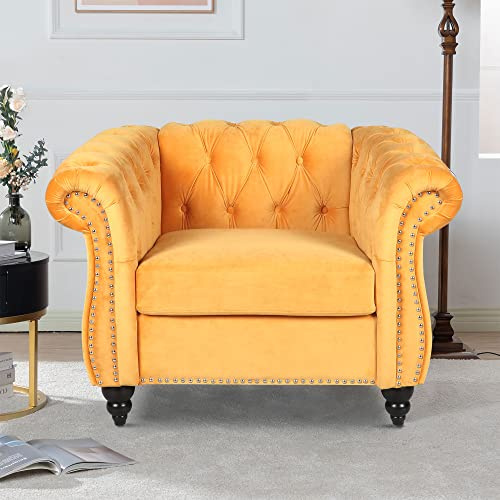 LEVNARY Velvet Chesterfield Armchair, Modern Sofa Chair with Button Tufted Backrest, Tufted Upholstered Rolled Chair for Home Reading Room (Yellow)