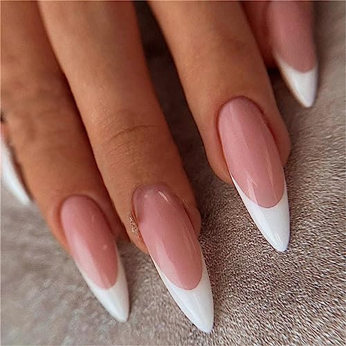 24pcs White Smile French Fake Nail Almond Long Press on Nails for Women and Girls Nail Art Manicure Decoration