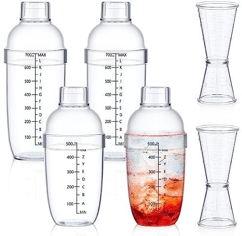 Uiifan 6 Pcs Plastic Cocktail Shaker Set 4 Pcs 17 oz 24 oz Drink Shaker 2 Pcs 40 cc Double Measuring Jigger Drink Mixer with Mark Ounce Cup Clear Cocktail Shaker Bottle for Bar Party Tea Mixing Tool