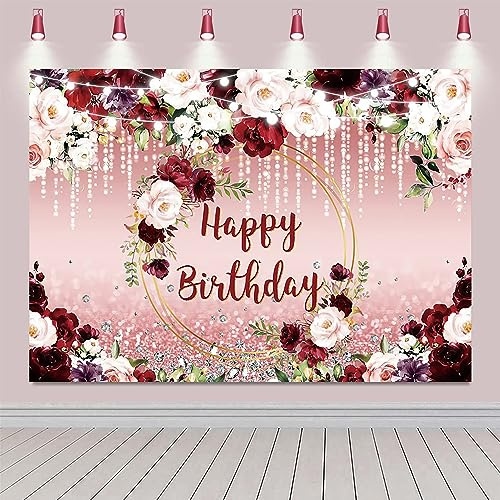 2.1x1.5m Foto Hintergrund Geburtstag Burgunder Blumen Rose Gold Glitter Bokeh Spots Happy Birthday Fotografie Hintergrund Frauen Geburtstag Party Kuchen Tisch Dekorationen Banner Fotostudio Requisiten