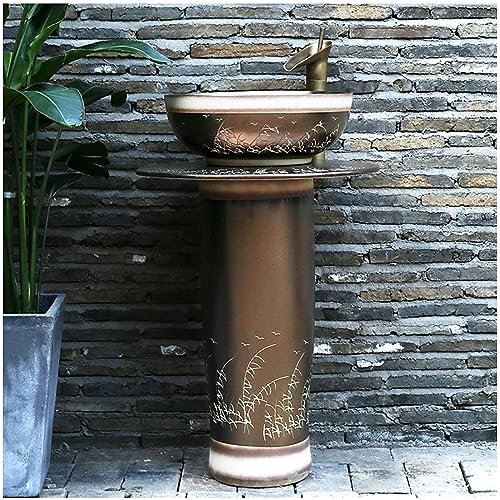 ZTGL Standwaschbecken Retro aus Keramik Rund Waschbecken Standwaschtisch Waschtisch Waschplatz Waschbecken Vintage Roségold Mit Wasserhahn Und Abflussgarnitur,3 Piece Set