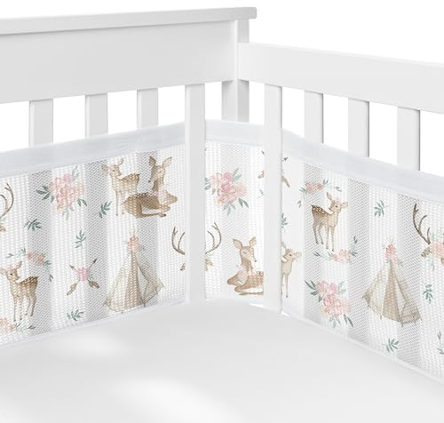 Sweet Jojo Designs + BreathableBaby Woodland Cervo Floreale Ragazza Traspirante Mesh Culla Liner Anti-Bumper Baby e Infant Blush Rosa Menta Verde e Bianco Boho Bohemian Acquerello Foresta Animale