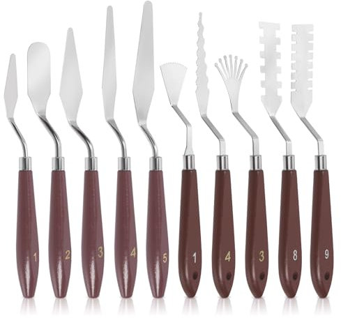 Swpeet 10Pcs 10 Different Types Stainless Steel Spatula Palette Knife Set, Acrylic Wooden Handle Painting Pallet Knife Mixing Scraper Pallet Knife Spatula Knife Set for Oil Paint Canvas