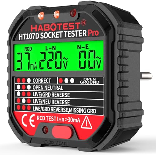 YOJOCK Comprobador de Enchufe, Probador Eléctrico de RCD Enchufe con Pantalla LCD, 6 Tipos de Diagnóstico de Averías, Examinar Circuito y Probar Estado del Diferencial, 90-250V/CAT.II 300V (EU Plug)
