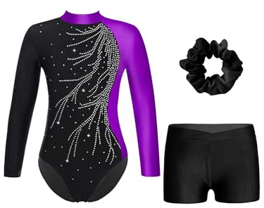 Alvivi Mädchen Turnanzug Glitzer Gymnastikanzug mit Kurze Hose Haarband Langarm Gymnastikbody Turntrikot Gymnastik Kleidung Tanzkostüm