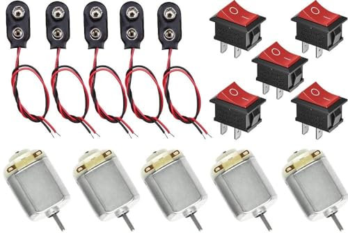 Micro DC Motors Kit,DC 1.5-6V DC Motor,130 DC Motor +5pcs 9V battery connector+5pcs ON/Off Toggle Switch, for DIY Toys Science Projects Total 15 Pcs
