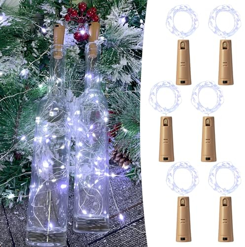 LEECOCO Led flaschenlicht, 2m 20LEDs Flaschenlichterkette korken, Fee lichterkette flaschenkorken für Weihnachten,Party, Hochzeit (6 Stück Kaltweiß(Dual-Batterien)