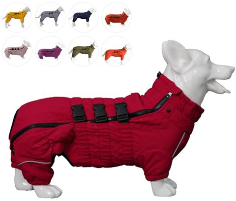 Warmer Hundemantel, doppellagige Hundeweste, Vier Beine bedeckt, Winddicht, wasserdicht, reflektierende warme Hundeweste, Outdoor-Schlittschuhkostüm für Corgis und Dackel. Red D-S