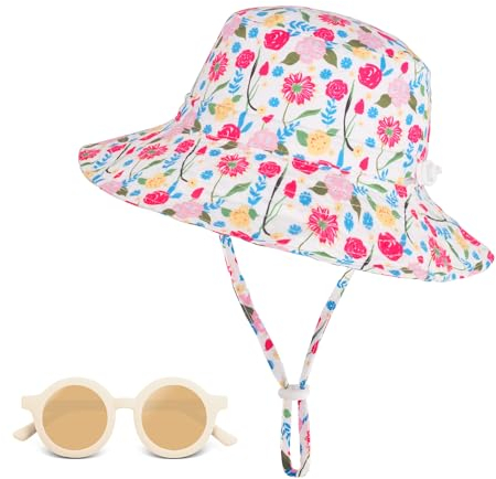Sonnenhut Baby, Breite Krempe Fischerhut mit Sonnenbrille, UPF 50+ Sonnenschutz Bucket Hat mit Verstellbarem Kinnriemen, Sommer Strandhut für Kleinkinder, Mädchen, Kinder - Rosa Blumen, 6-24 Monate