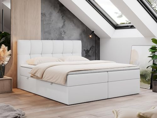 MKS MEBLE Boxspringbett RICO 200x200 cm Weiß Kunstleder, Bett mit Doppelbettkasten & Kopfteil, 7-Zonen Multipocket Taschenfederkern Matratze H4, mit Topper T25
