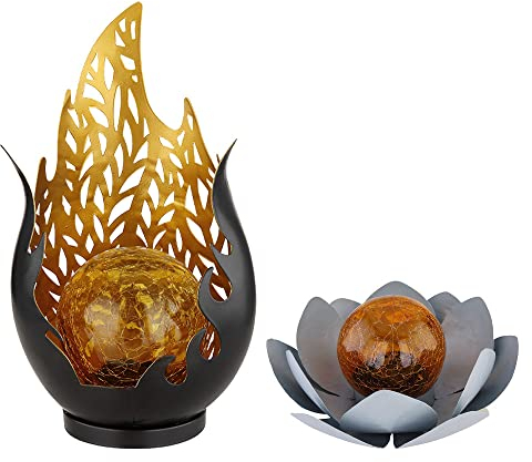 Solarleuchte Flammen Design Außen Solarblume Aussen Lotusblume Solar Crackle Glas, grau, LED Leuchtmittel, 1x Lotusblume 1x Flammen Design, 2er Set