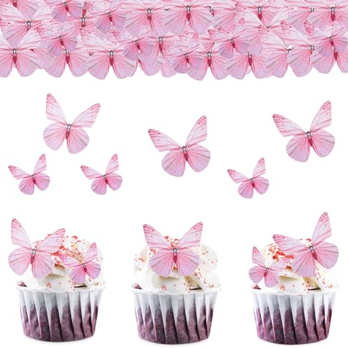 ENLACE 72 Stück Essbare Tortendeko Schmetterlinge Geburtstag,Essbare Schmetterlinge für Torte Rosa,Esspapier Tortendeko Hochzeit,Kuchen Deko Essbar zum Cupcake,Muffin Deko