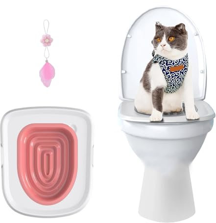 Cat Toilet Training Kit,Cat Toilet Training Systems,Reusable Plastic Cat Toilet Trainer for Pet Cleaning with 1 Replaceable Cat Feather Toy,Litter Boxes(White Tray,1 Pink Inner Support)