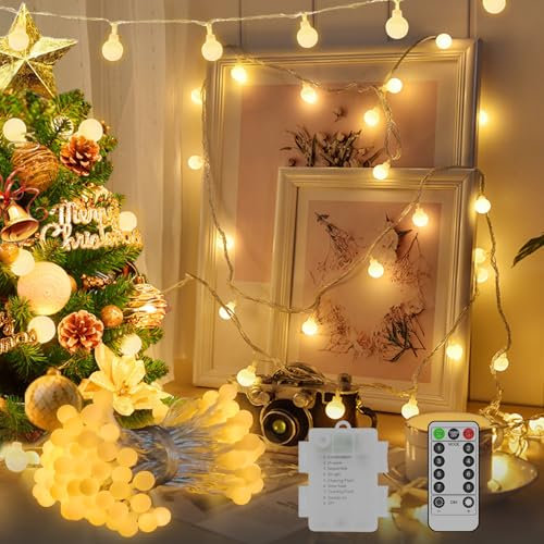 LYNNON 13M 100 LED Lichterkette Batterie Außen Warmweiß Dimmbar Lichterkette Kugeln Wasserdicht 8 Modi Fernbedienung Timer für Innen Kinderzimmer Balkon CampingZelt Party Hochzeit Weihnachtsbaum Deko
