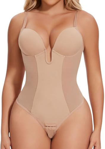 Joyshaper Women Backless Shapewear Bodysuit Tummy Control U Plunge Body Shaper Built in Bra Thong Wedding Party Beige,S