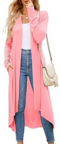 Newchoice Cardigan long pour femme, décontracté, drapé, ouvert sur le devant, léger à manches longues avec poches, rose, Taille S