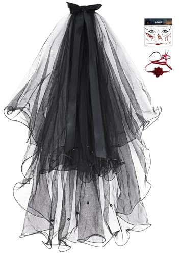 Evolyline Halloween schwarzer schleier Hochzeitsschleier Spitzenschleier Halloween Brautschleier geisterbraut schleier halloween Kopfbedeckung Mantilla Kathedrale Tüll kostüm für Halloween Party