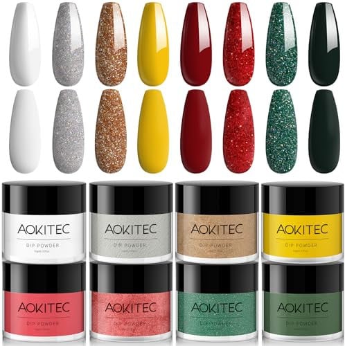 Aokitec Dip Powder Set, Advent Calendar 2025, 8 Christmas Colours Dipping Acrylic Powder Red Glitter Green Gold White Nails Set for Christmas Nails, New Year Gift for Women Girls
