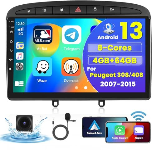 [8Cores 4G+64G] Hikity Autoradio Android 15 Für Peugeot 308 408 2007-2015 9Zoll Touch Display Auto Radio mit 1280*720 Pixel 32EQ FM RDS Wireless Carplay Android Auto Navi WFI Bluetooth Rückfahrkamera