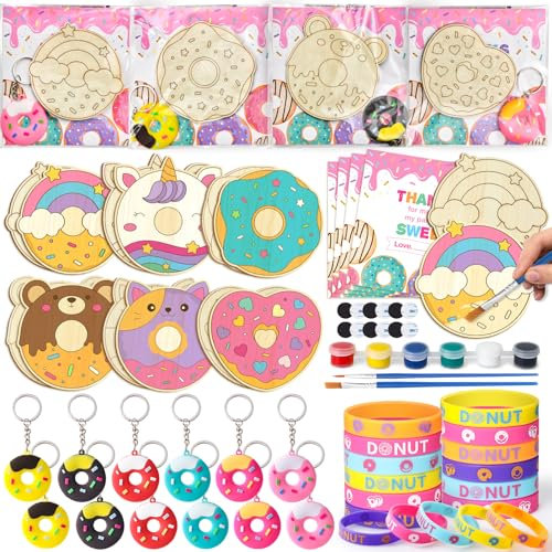 G.C Donut Party Mitgebsel Kindergeburtstag Gastgeschenke Donut Holz Bastelset Pigment Bürste Silikon Armbänder Schlüsselanhänger Donut Holz Basteln Kinder Donut Pinata Füllung Mädchen Party Give Aways