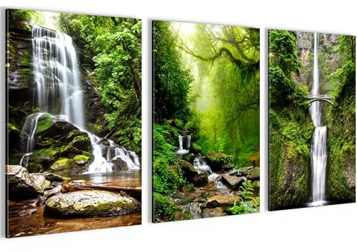 Novart Bilder Set Wald Wasserfall - Kein Extra Rahmen benötigt - Wandbilder für Wohnzimmer Schlafzimmer Flur - 3 Teilig Deko Grün - N033936a