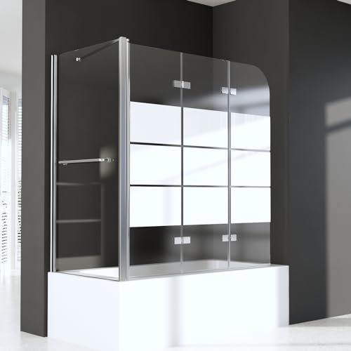 Duschwand für Badewanne mit Gestreift 70 x 120 x 140 cm mit Seitenwand,3-teilig Faltbar Duschwand Duschabtrennung aus 6mm Nano Glas,Silber