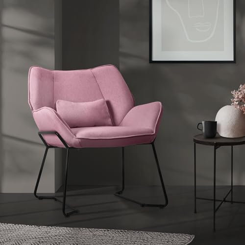 ML-Design Loungesessel Rosa, Relaxsessel mit Leinenbezug und schwarzen Metallbeine, Wohnzimmerstuhl mit Armlehne und Rückenlehne, Polsterstuhl mit Kissen, Ohrensessel ergonomisch, Einzelsofa modern