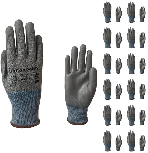 Dalton Safety 12 Pairs Of Large Cut Resistant Level 3 Work Gloves, HPPE Knitted Cuff, PU Coated Palm & Fingertips. Perfect For General Duty, Gardening, Glass Cutting & Sheet Metal Handling