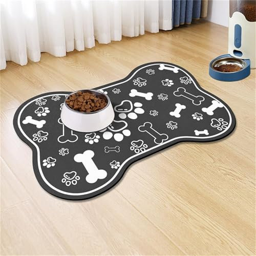 Hearda Tapis sous Les Gamelles de Nourriture pour Chien, Forme Osseuse Tapis de Nourriture Chien Absorbant Tapis Nourriture Animaux Séchage Rapide Antidérapant (30x40cm,Noir)