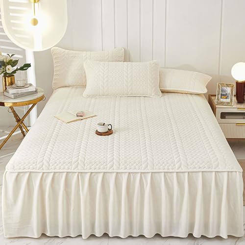 Cache-sommier en flanelle pour lit 2 places - Tissu doux de lait - Avec chute de 45 cm - Blanc - 200 x 220 cm