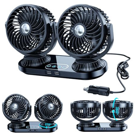 HIYJEN Dual Head Oscillating Car Cooling Fan Dashboard DC 12V / 24V Cigarette Lighter Powered with 3 Speeds Summer Vehicle Fan