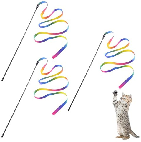WQEDVN 3 Packs Cat Wand Toys for Indoor Cats, Cat Wand Toy, Cat Teaser, Cat Fishing Rod, Cat Wand Interactive Toy, Rainbow Ribbon Wand, For Indoor Interactive Cat Teaser Pet Toy Accessories