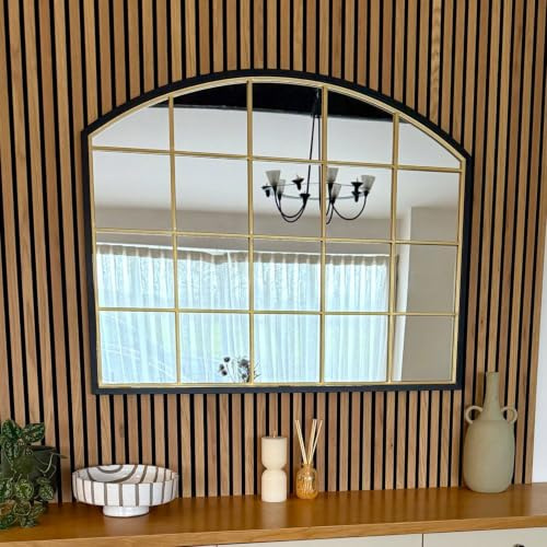 Jobu | Arched Mirror with Metal Window Frame Style in Gold & Black – 95cm x 120cm for Bedroom, Hallway or Living Room | Tomi
