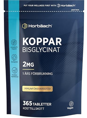 Koppar Tillskott 2mg | 1 års Förbrukning - 365 Vegan Tabletter | Kopparbisglycinat | Horbaach