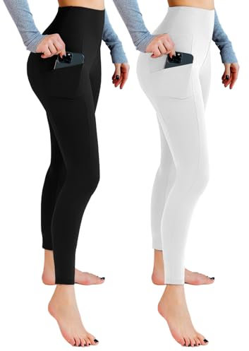 Leafigure 2er Pack Sport Leggings Damen High Waist Sporthose Damen Mit Taschen Gym Leggings Blickdicht für Sport Yoga Schwarze/Weiß SM