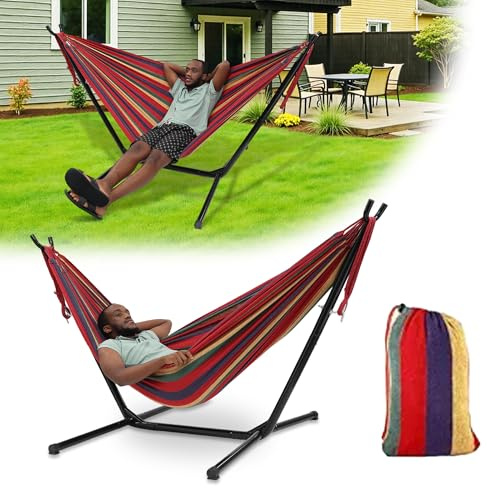 Hammock with Stand for Outside,600lb Weight Capacity Adjustable Height 3-in-1 Portable Hammock for Outdoor&Indoor Camping Backyard Bedroom(Hammock, Stand & Carry Bag)