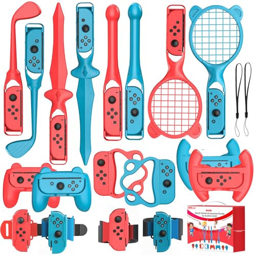 Ensemble d'accessoires Switch Sports 18-en-1 – Jeu Switch Sport – Compatible Nintendo Switch et Switch OLED – Comprend raquettes de tennis, clubs de golf – Parfait pour enfants et fêtes en famille