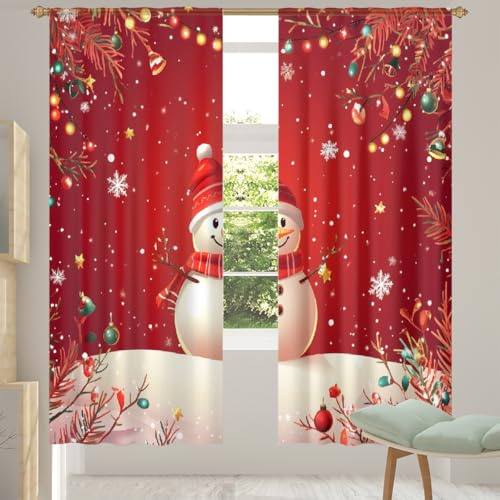 Halbtransparente Vorhänge mit weihnachtlichem Schneemann und Schneeflocke, Voile-Vorhang mit Schlitzen oben, für Wohnzimmer und Schlafzimmer, Fensterbehandlungen (140 cm breit x 198 cm lang, 2