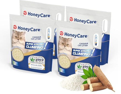 HONEY CARE Cassava Cat Litter | Natural Plant-Based Litter | Quick Clumping & Low Dust | Superior Odor Control | Sustainable & Flushable Formula (6 lbs *4)
