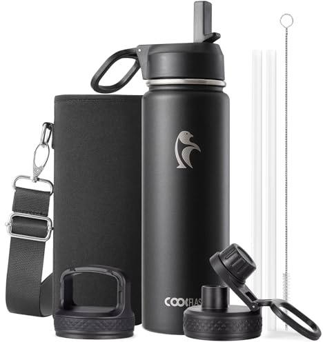 Coolflask 710ml Insulated Water Bottle with Straw & 3 Leakproof Lids | Water Flask Stainless Steel Triple-Wall Vacuum, Cupholder Friendly, Cold 48+h, Dishwasher Safe, Non-BPA, for Gym & Hiking