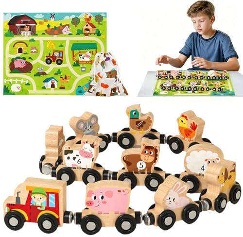 DAJASD Montessori Spielzeug: Magnetic Zug Holzspielzeug mit Karte, Holzeisenbahn Kinderspielzeug, Lernspielzeug Lernen & Feinmotorik Fördern Lernspielzeug Geschenk Spielzeug Kinder