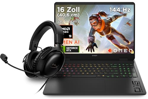 OMEN Gaming Laptop, 16 Zoll WUXGA Display 144Hz, AMD Ryzen 9 8940HX, NVIDIA GeForce RTX 5070, 32GB RAM, 1TB SSD, Win 11, 4-Zonen-RGB-QWERTZ Wi-Fi 6, Black, 3 Monate GamePass + HyperX Cloud III Headset