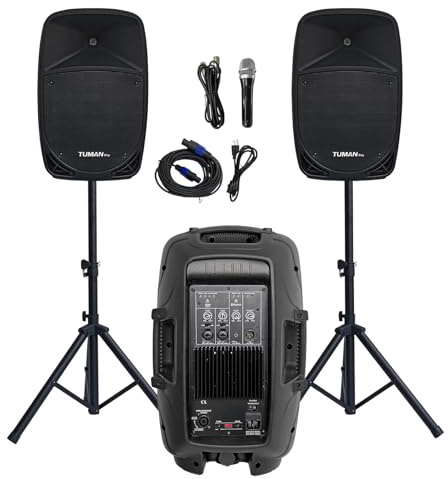 10 inch Speaker System, Active+Passive PA Systems,1200 Watt Maximum Power Output Speaker,Bluetooth Wireless Streaming,with Microphone, FM Radio/ MP3/USB/SD/AUX Card Reader,2 Speaker Stands