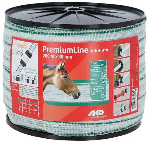 AKO Weidezaunband PremiumLine (weiß/grün, 200 m Länge, 20 mm breit, Tierzaun, Zubehör Weidetiere, Tierzubehör) 441534