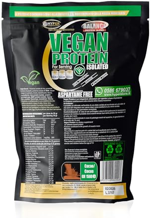 Hyper Proteine Vegane Vegetali Vegan in Polvere g 1500 Cacao con Proteine del Pisello Soia Riso 90% di Proteine Povere di Carboidrati e Grassi Senza Lattosio Senza Aspartame Prodotte in Italia
