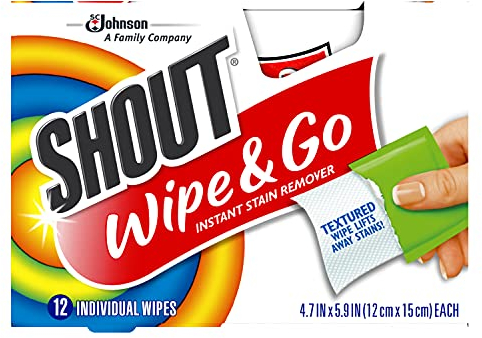 Shout Wipe and Go Instant Stain Remover, for On-The-Go Laundry Stains, 12 Count - Pack of 12 (144 Total Wipes)